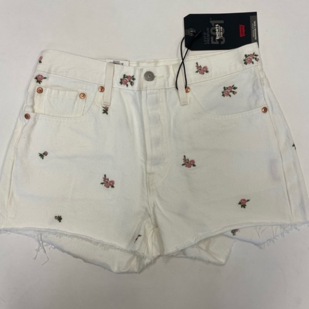 Levis 501 Original White Floral Embroidered mud Rise Cut-Off Shorts